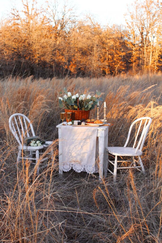 Small vintage table set for a romantic picnic