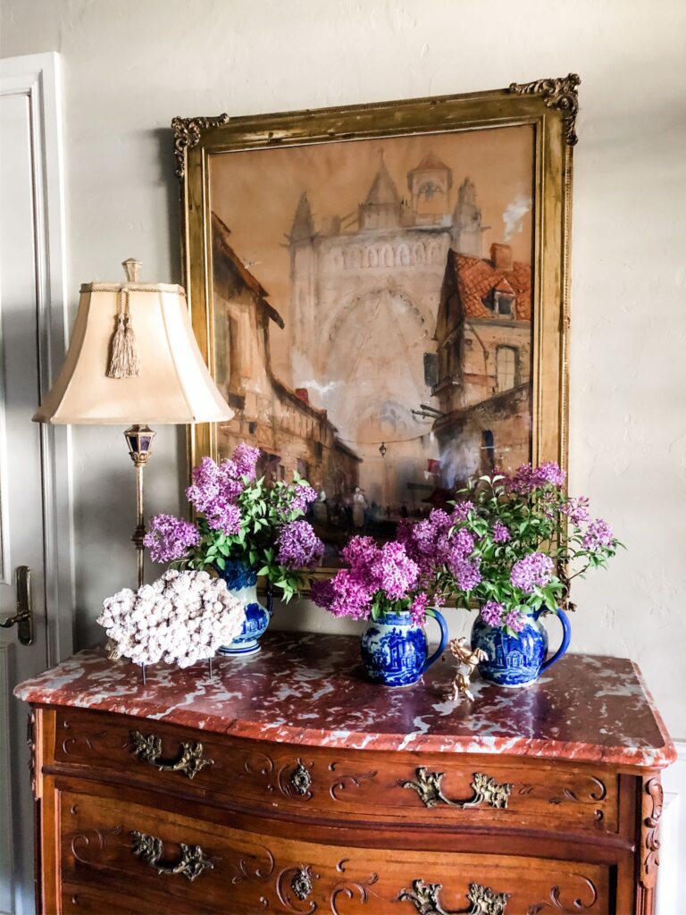 French chest with lilac bouquets