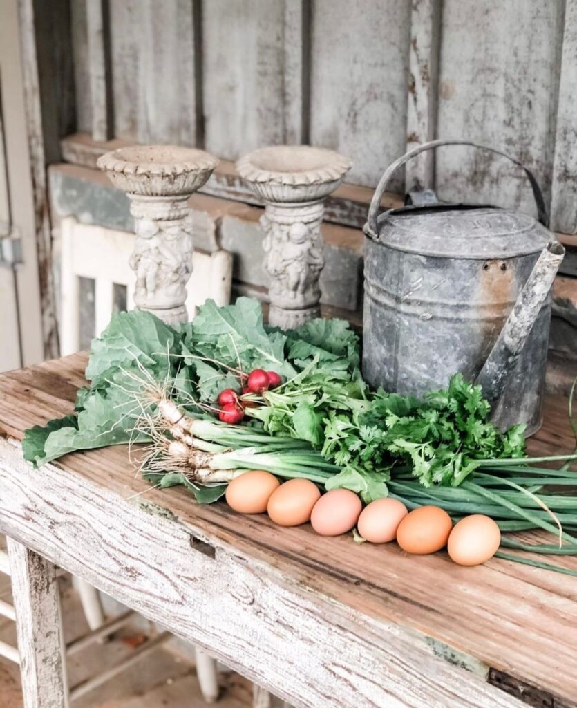 A cool season vegetable harvest from our garden and farm fresh eggs courtesy of our chickens.