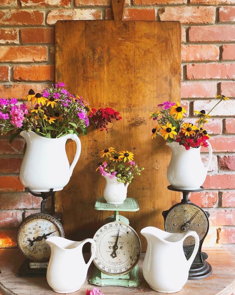 Vintage ironstone and scales plus an amazing cutting board found at an estate sale