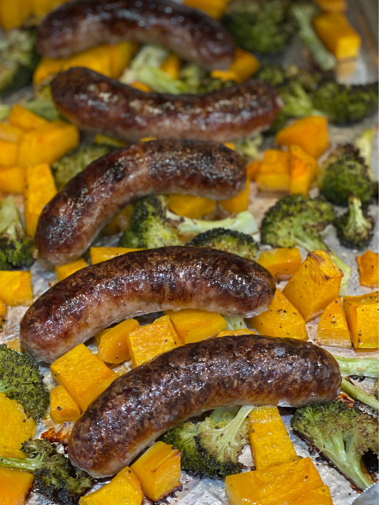 I love making sheet pan dinners. One of my favs is brats, broccoli and butternut squash!