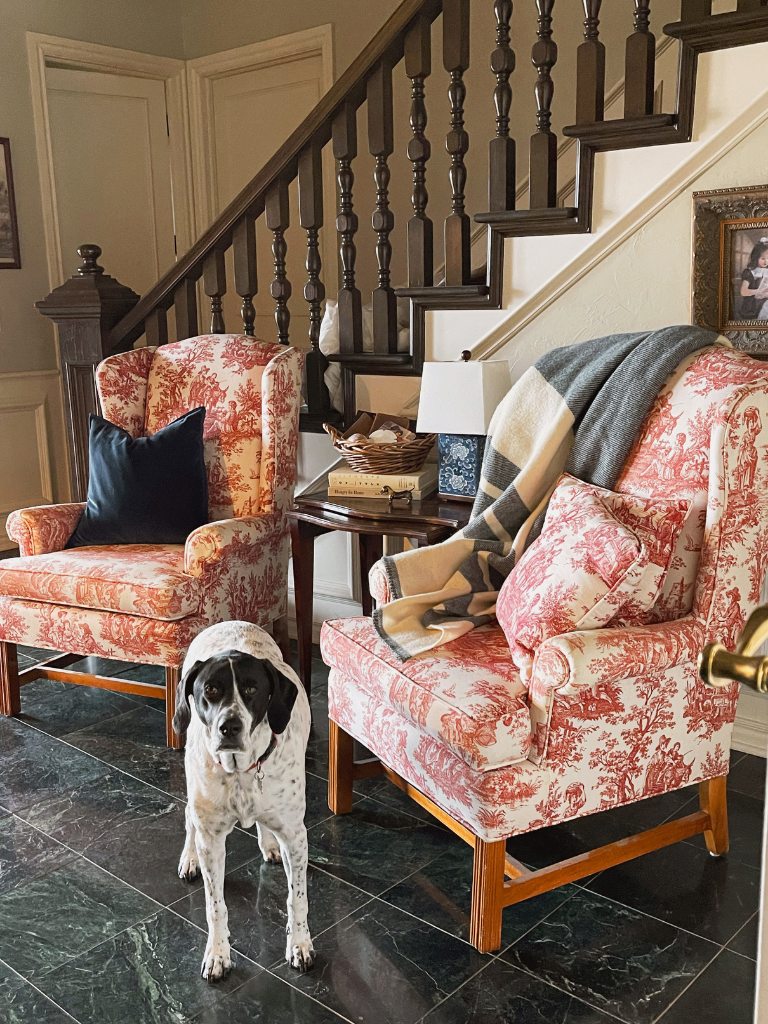 Vintage Love Times Two-Two New-to-Me Red Toile Wingback Chairs